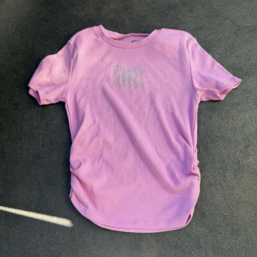 girls y2k Top Pink Studded Butterfly Medium 10/12 ribbed Nina girly blusa A5